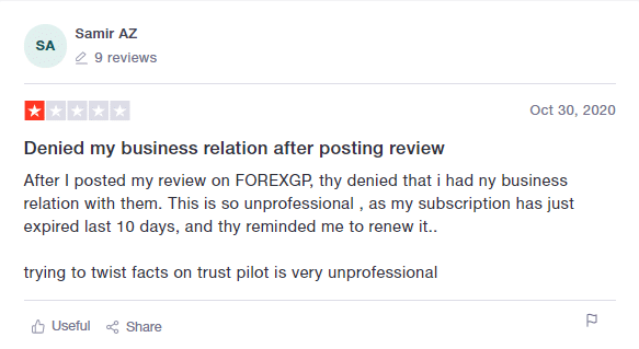 Negative customer review on Trustpilot