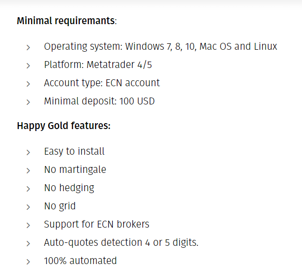 Features and requirements of Happy Gold EA