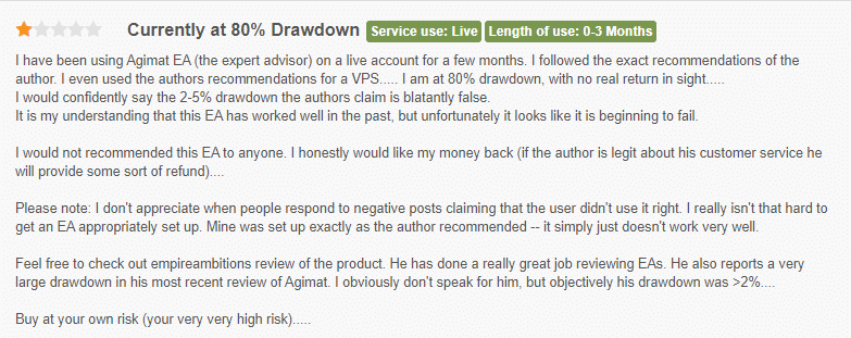 Customer warning that Agimat Trading System is a high-risk trading tool