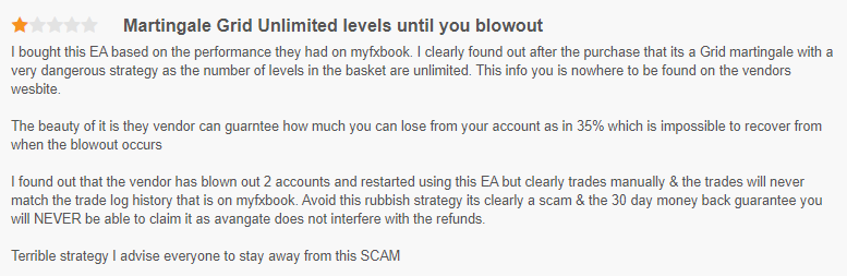 User complaining of the bad strategy and a scam EA