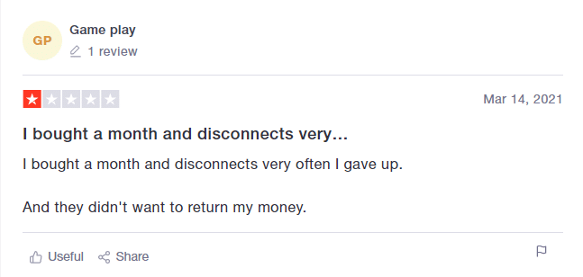 Negative user review on Trustpilot
