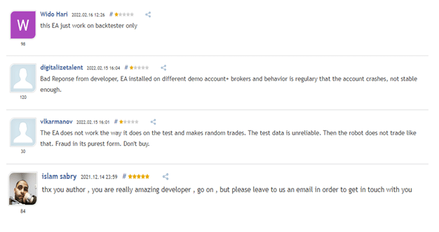 Customer reviews on MQL5