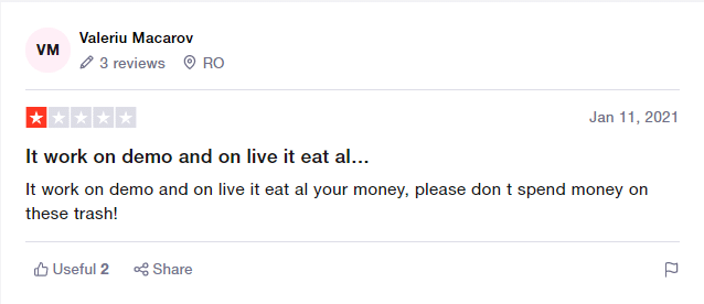 Customer testimonial on Trustpilot