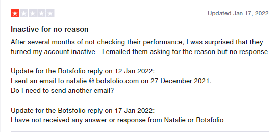 User review for Botsfolio on the Trustpilot site