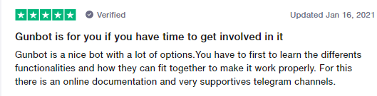 User review for Gunbot on the Trustpilot site.