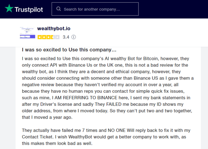 A screenshot of WealthyBot’s review on Trustpilot.